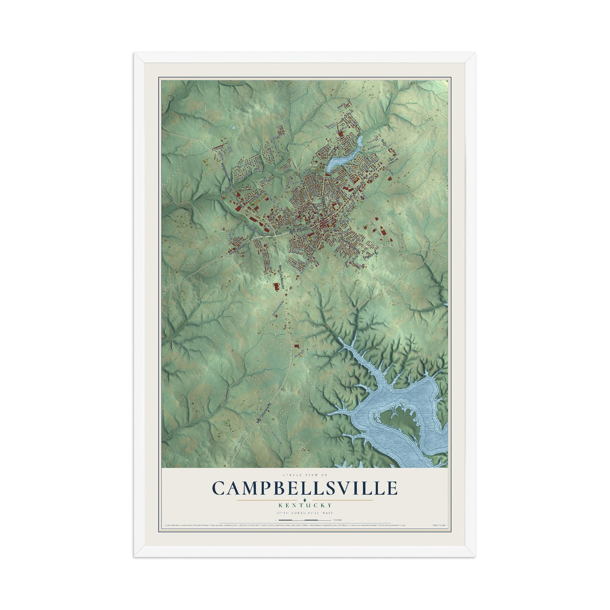 Map of Campbellsville, Kentucky, 12 x 18 inch print in a white wood frame
