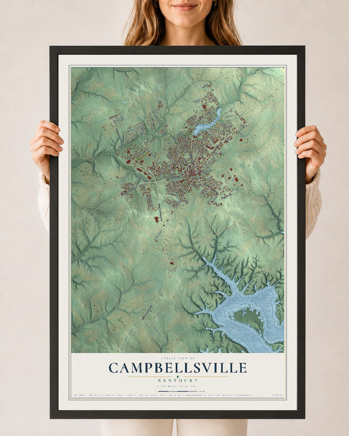 Map of Campbellsville, Kentucky, 24 x 36 inch print in a black wood frame