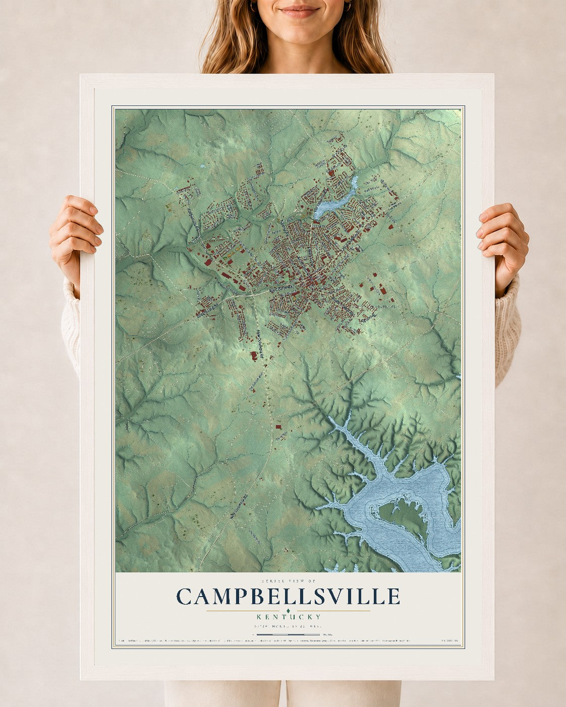 Map of Campbellsville, Kentucky, 24 x 36 inch print in a white wood frame