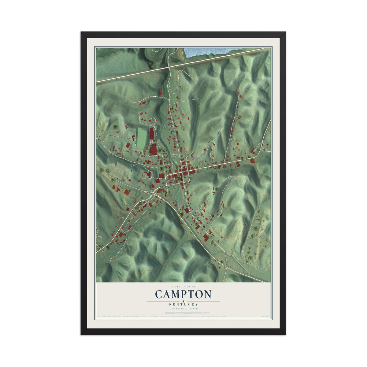 Map of Campton, Kentucky, 12 x 18 inch print in a black wood frame