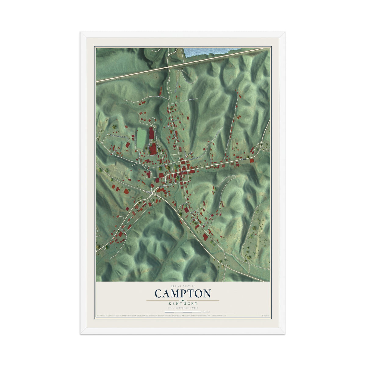Map of Campton, Kentucky, 12 x 18 inch print in a white wood frame