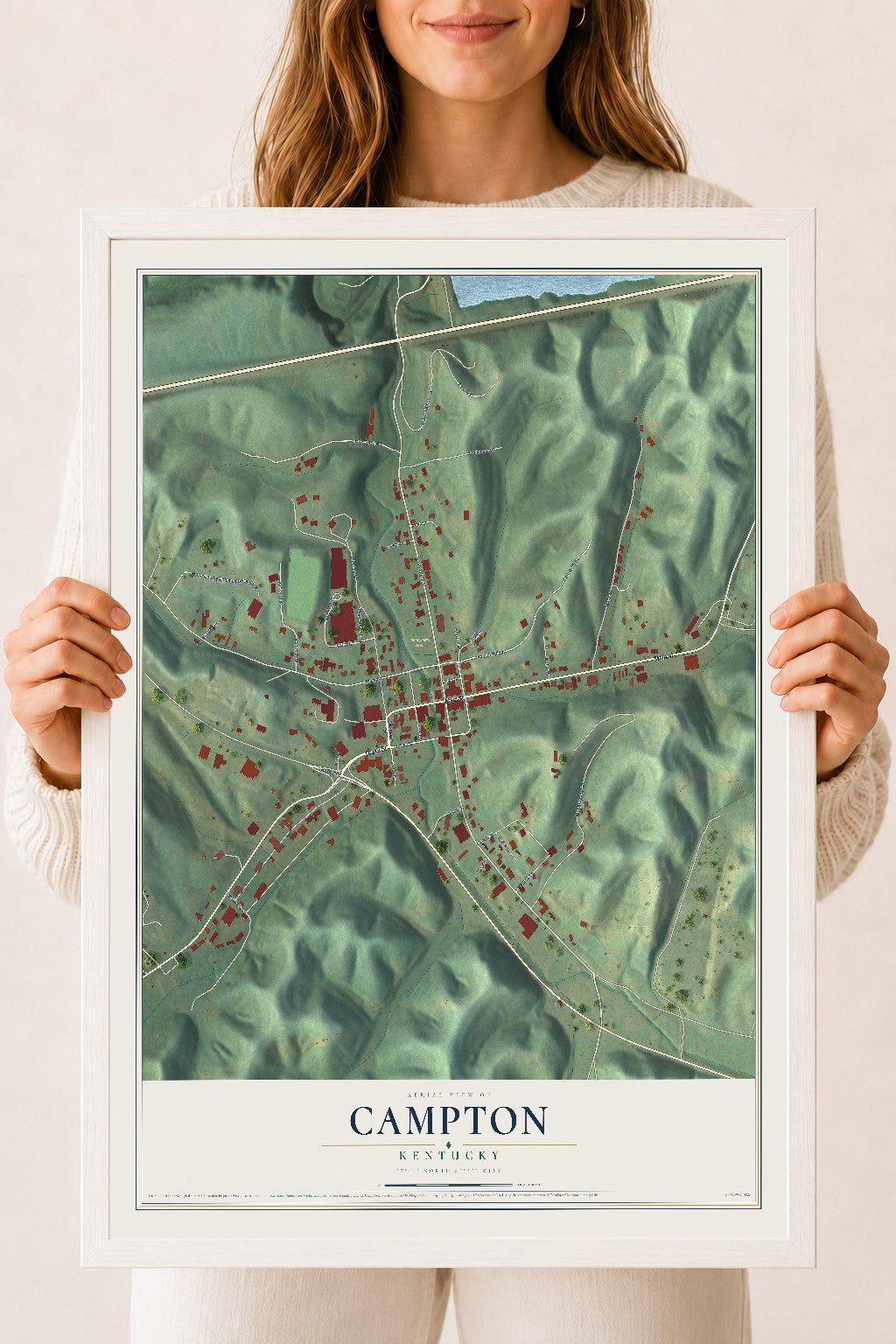 Map of Campton, Kentucky, 18 x 24 inch print in a white wood frame