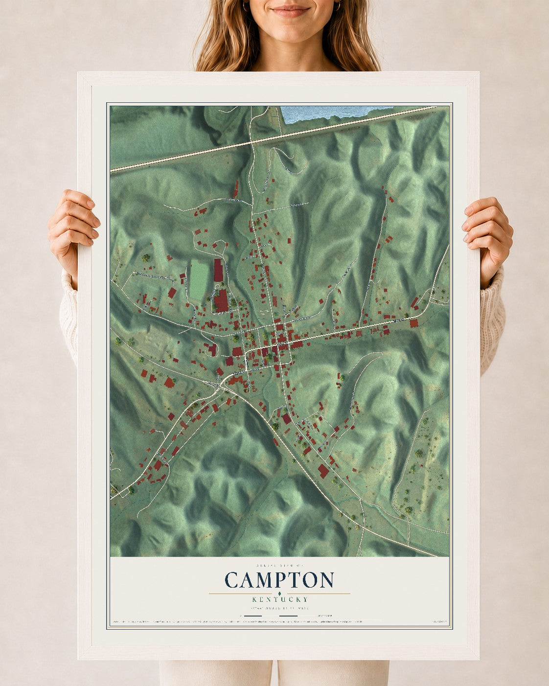 Map of Campton, Kentucky, 24 x 36 inch print in a white wood frame