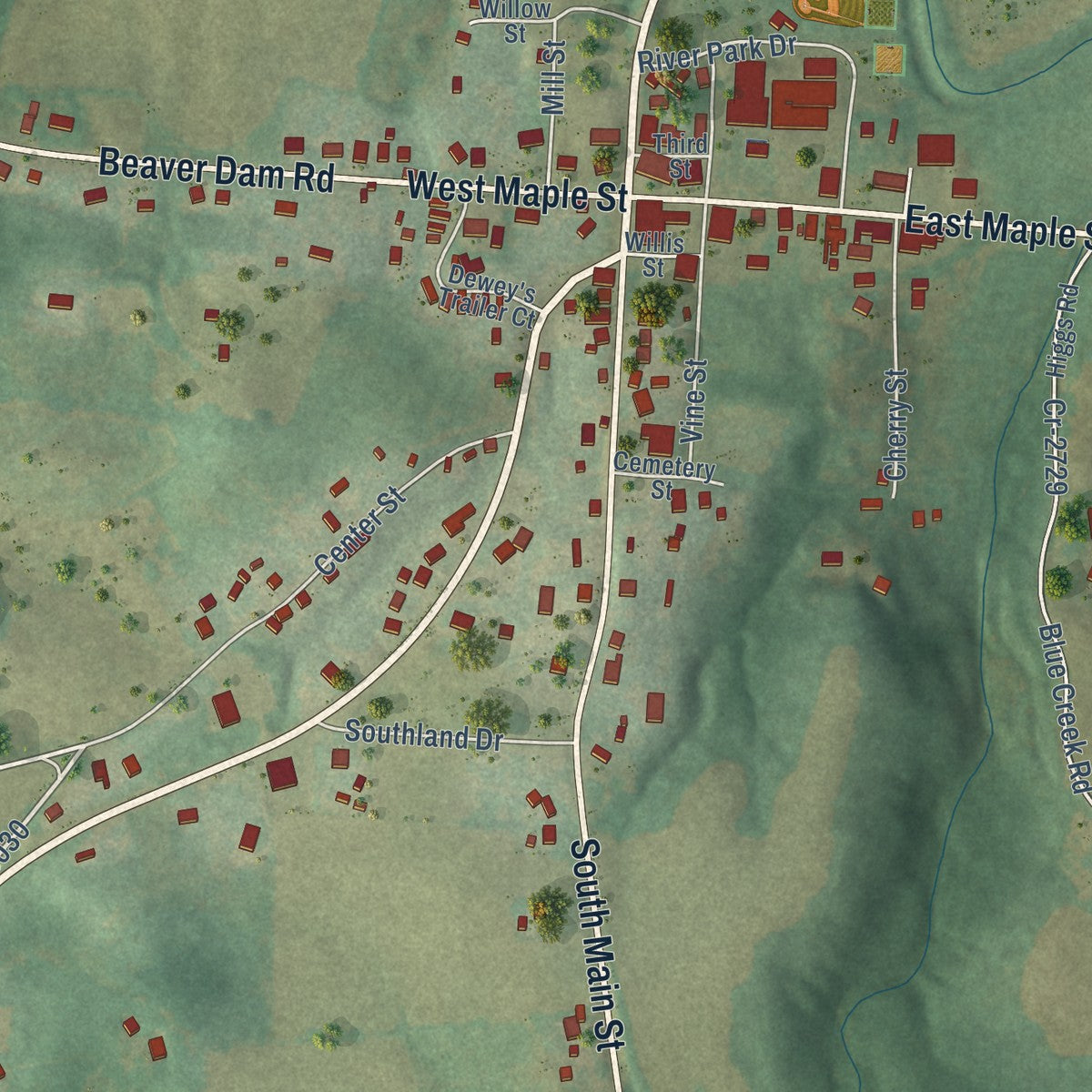 Close-up of the map of Caneyville, Kentucky print showing street and building detail