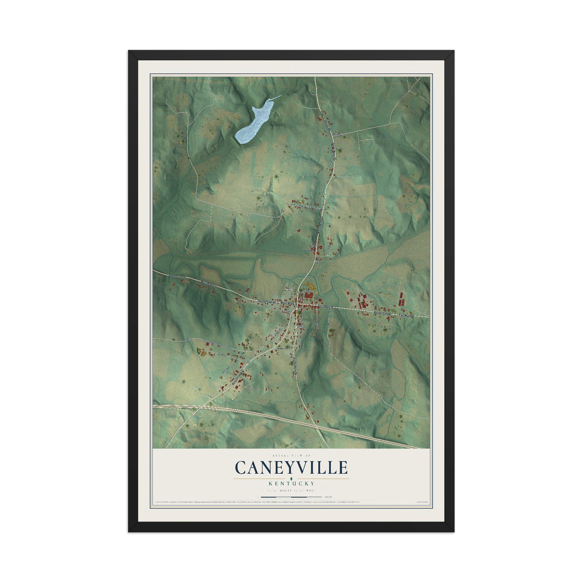 Map of Caneyville, Kentucky, 12 x 18 inch print in a black wood frame