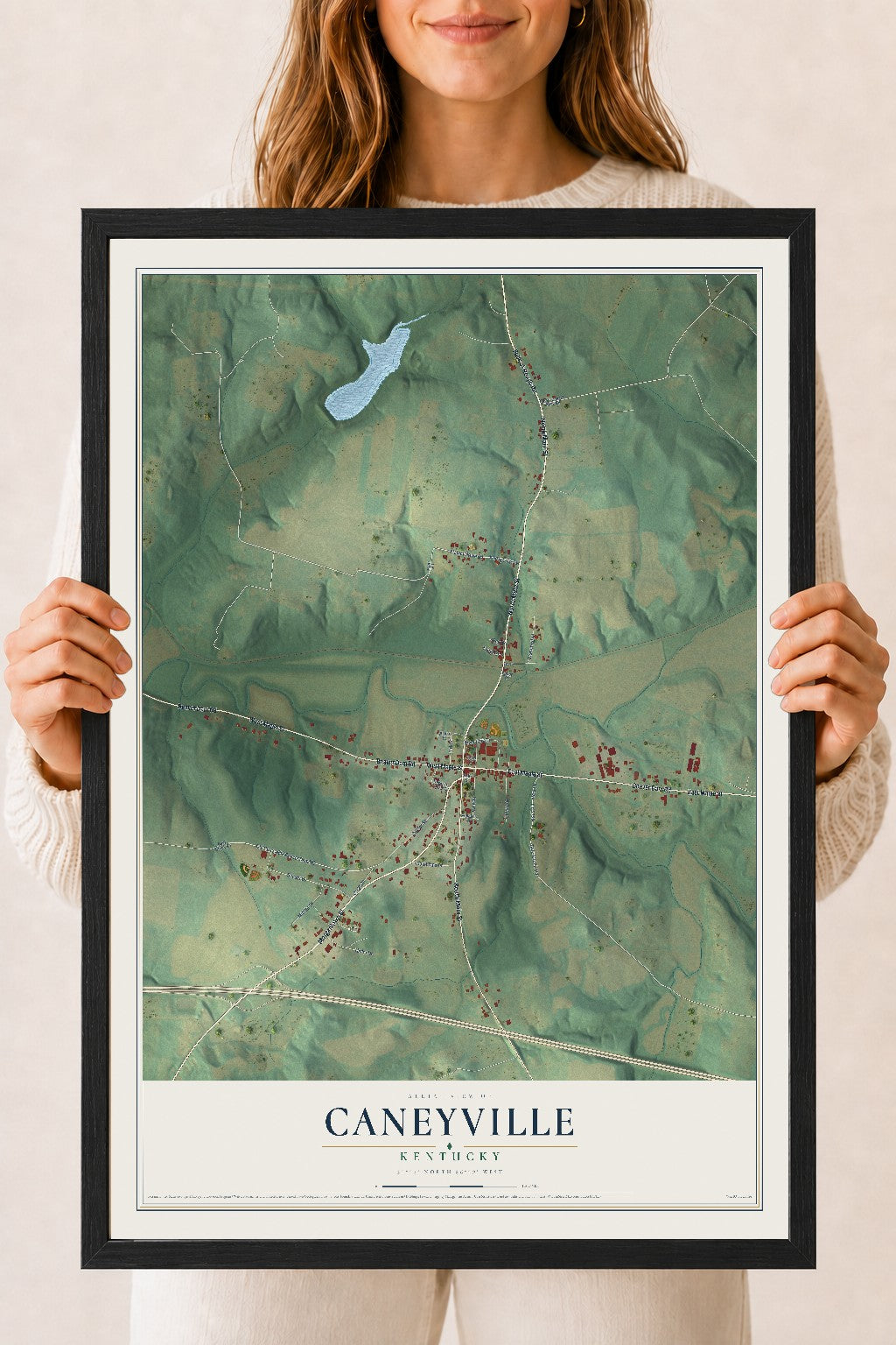 Map of Caneyville, Kentucky, 18 x 24 inch print in a black wood frame
