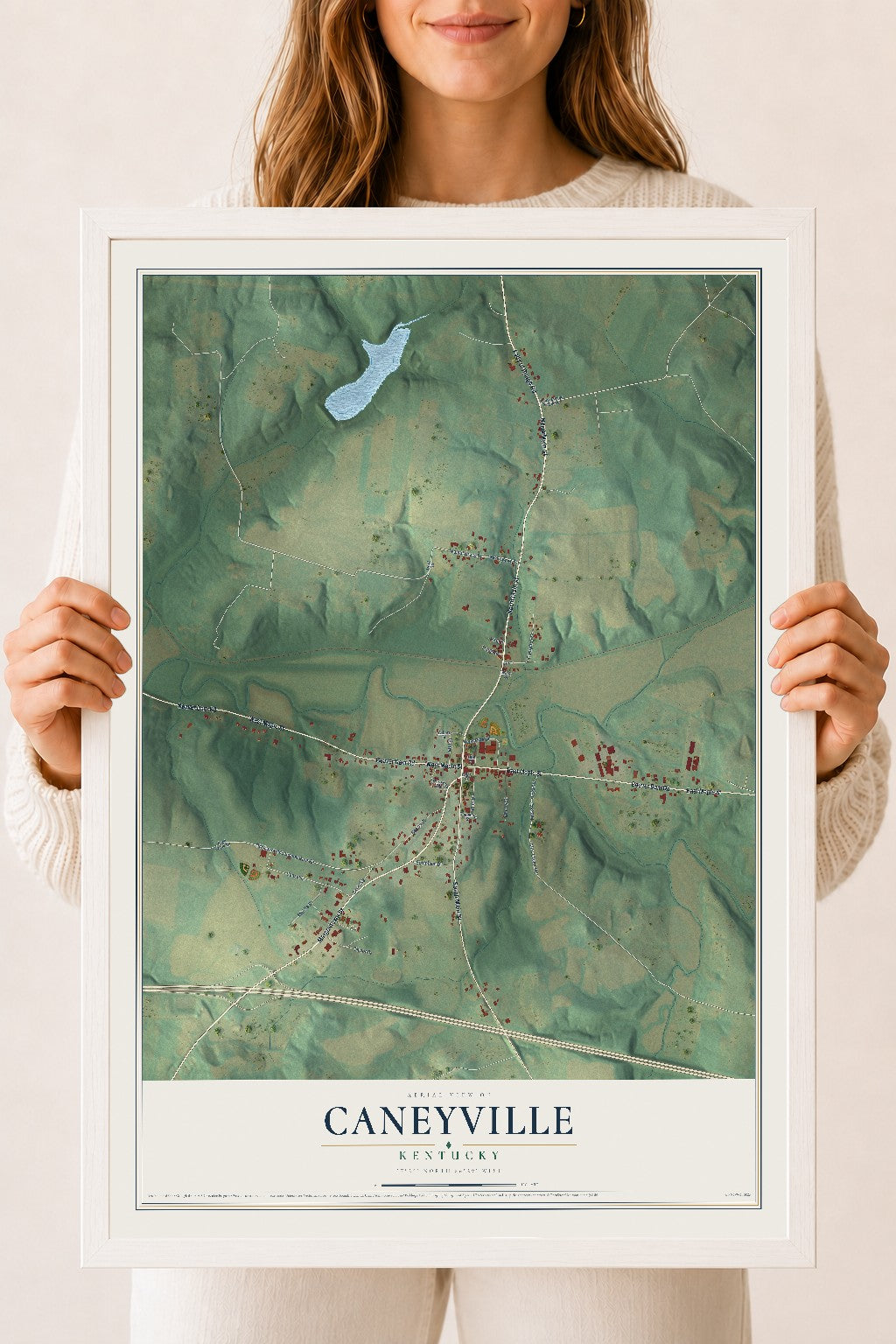Map of Caneyville, Kentucky, 18 x 24 inch print in a white wood frame