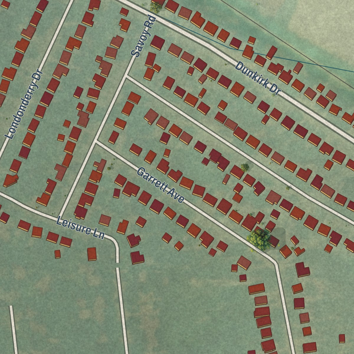 Close-up of the map of Cardinal Valley, Kentucky print showing street and building detail