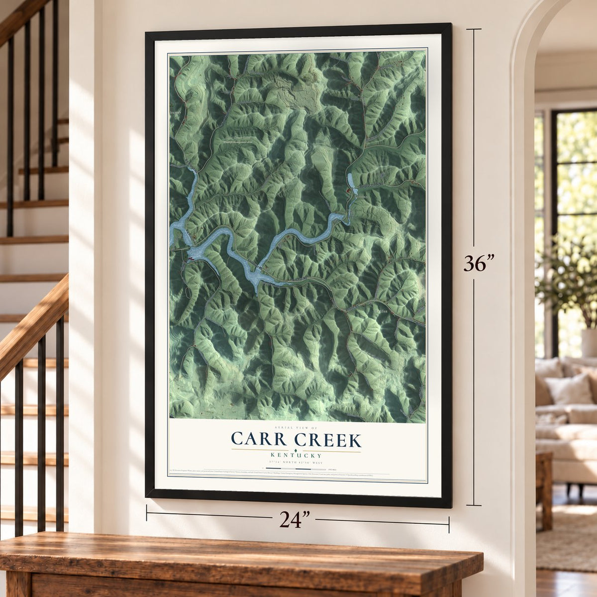Carr Creek, Kentucky map, 24 x 36 inch print in a black frame by a staircase