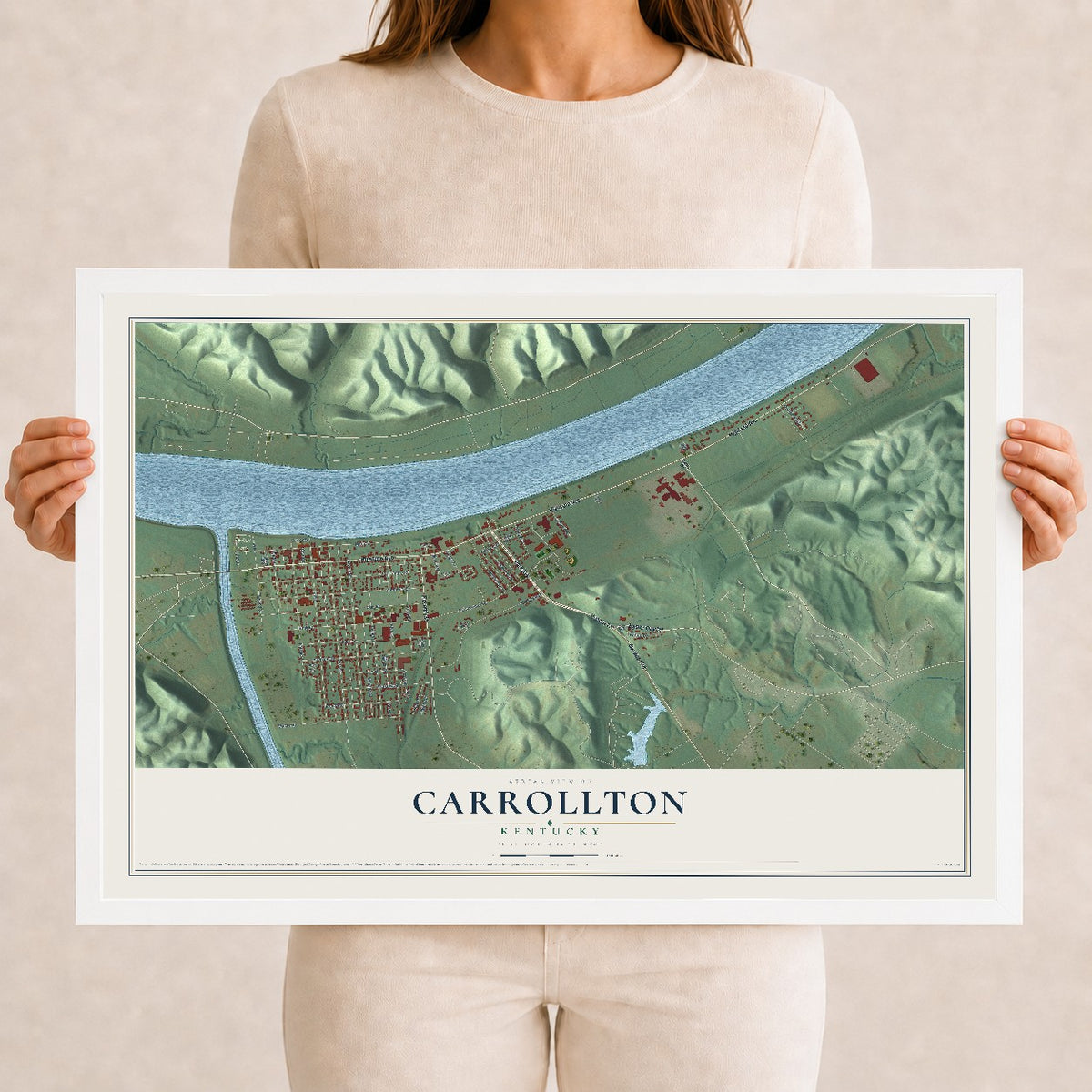 Map of Carrollton, Kentucky, 12 x 18 inch print in a white wood frame