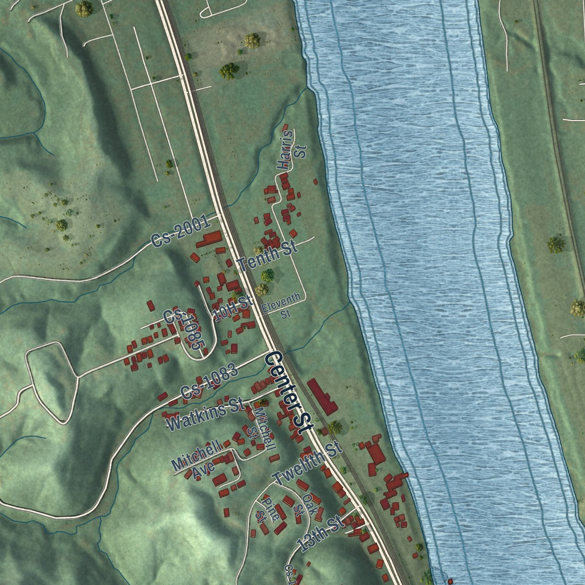 Second close-up of the map of Catlettsburg, Kentucky print showing more streets and buildings