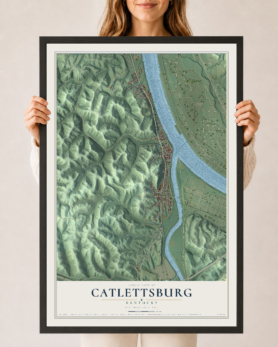 Map of Catlettsburg, Kentucky, 24 x 36 inch print in a black wood frame