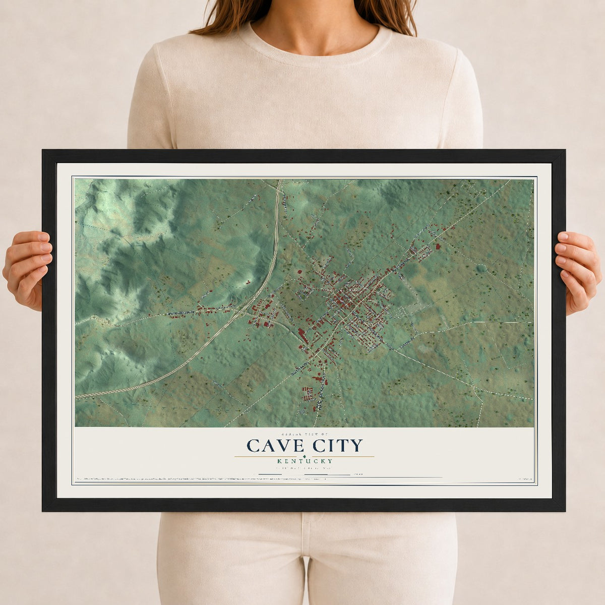 Map of Cave City, Kentucky, 12 x 18 inch print in a black wood frame