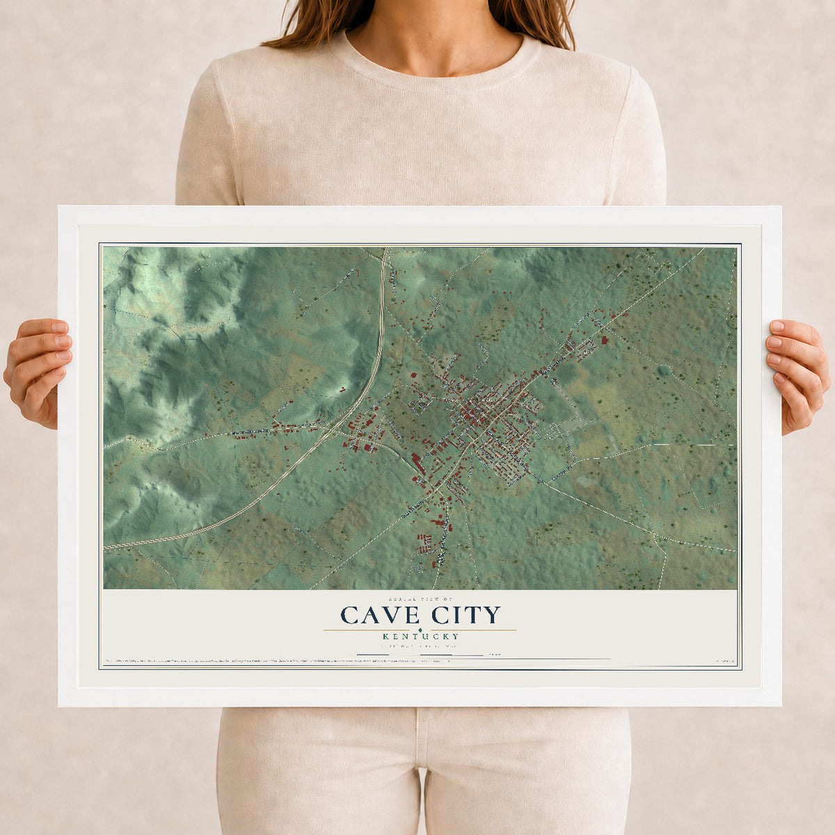 Map of Cave City, Kentucky, 12 x 18 inch print in a white wood frame