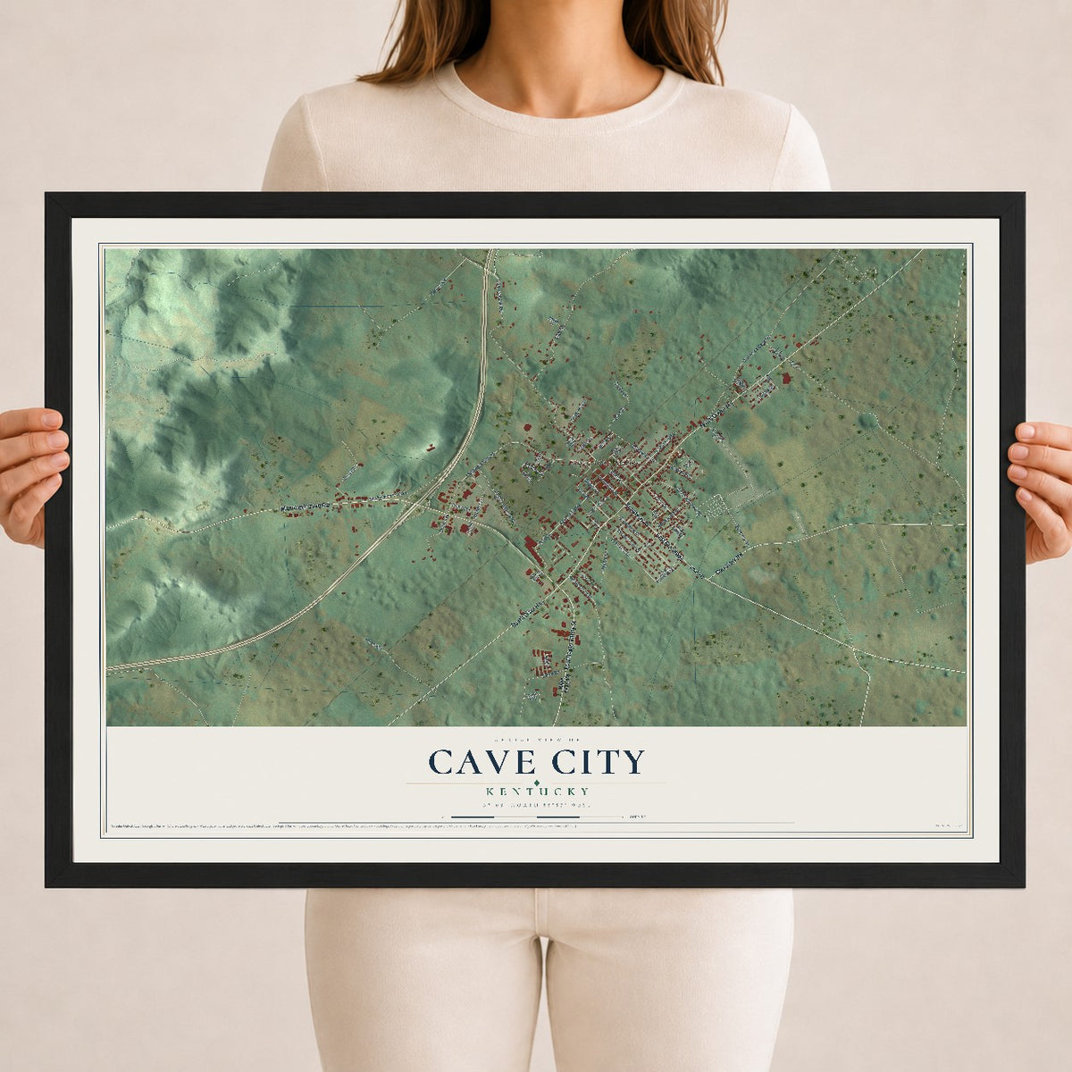 Map of Cave City, Kentucky, 18 x 24 inch print in a black wood frame