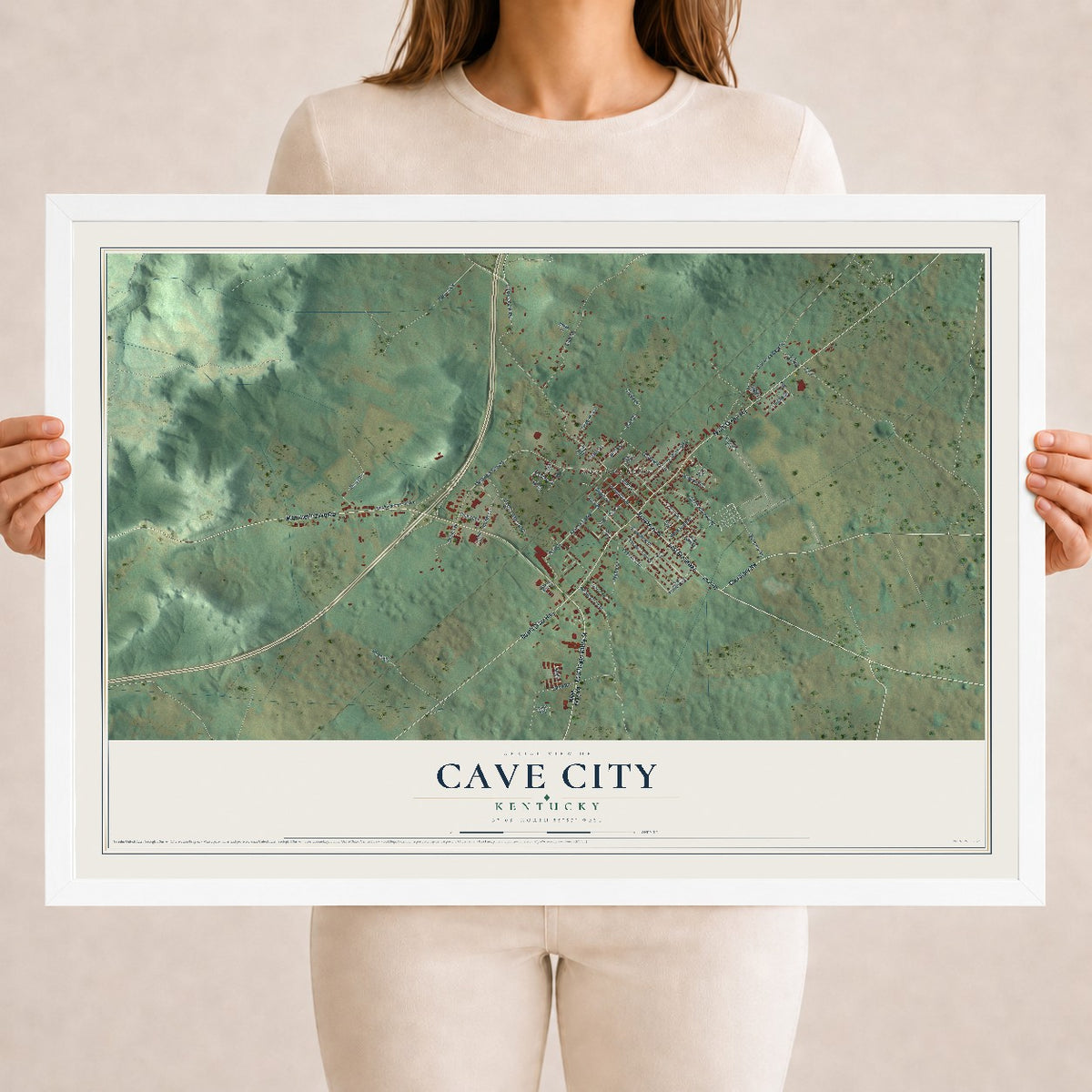 Map of Cave City, Kentucky, 18 x 24 inch print in a white wood frame