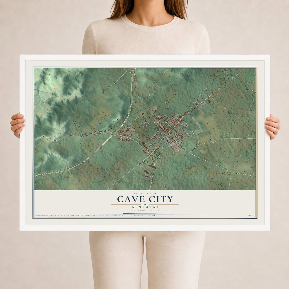 Map of Cave City, Kentucky, 24 x 36 inch print in a white wood frame