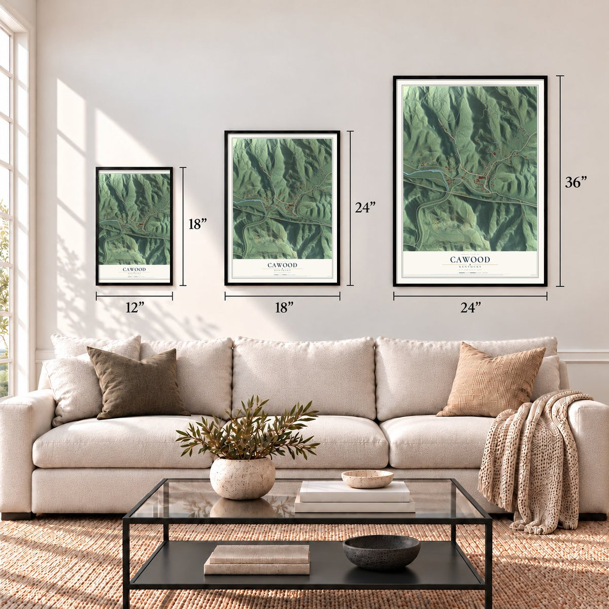 Cawood, Kentucky map in 12 x 18, 18 x 24 and 24 x 36 inch sizes above a sofa