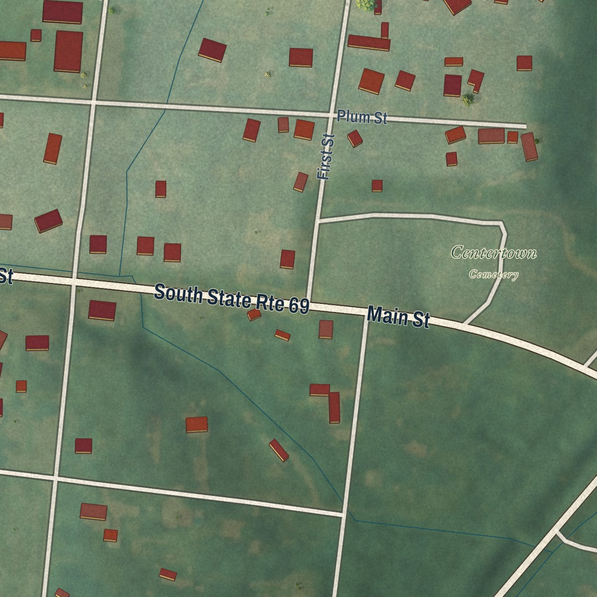Second close-up of the map of Centertown, Kentucky print showing more streets and buildings