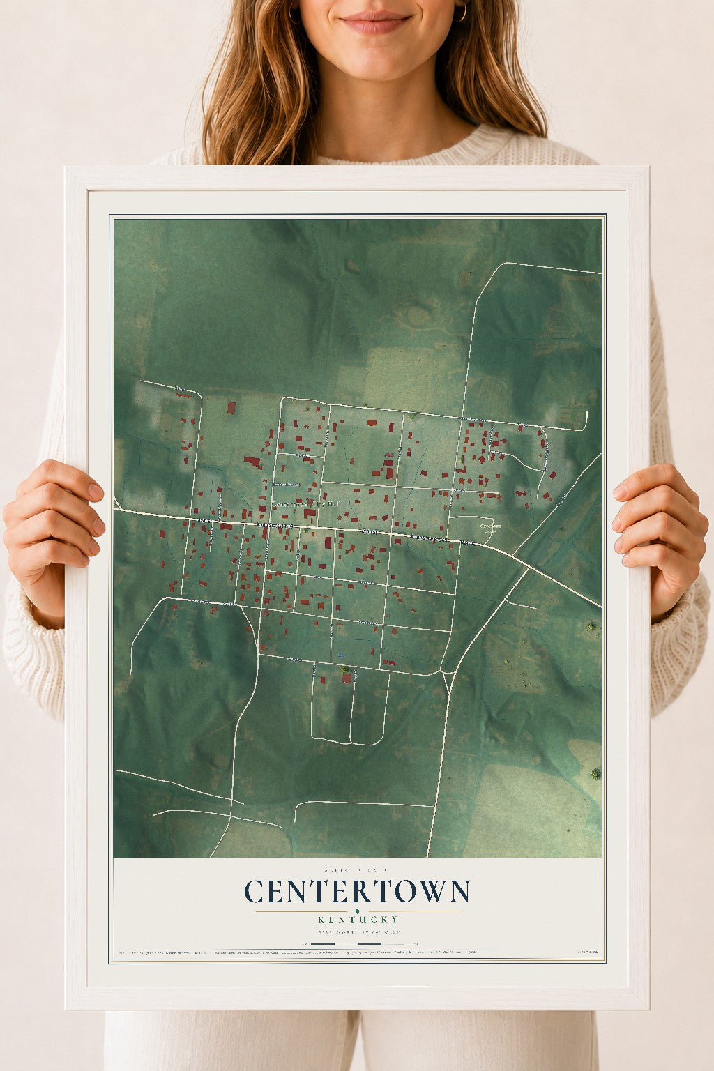 Map of Centertown, Kentucky, 18 x 24 inch print in a white wood frame