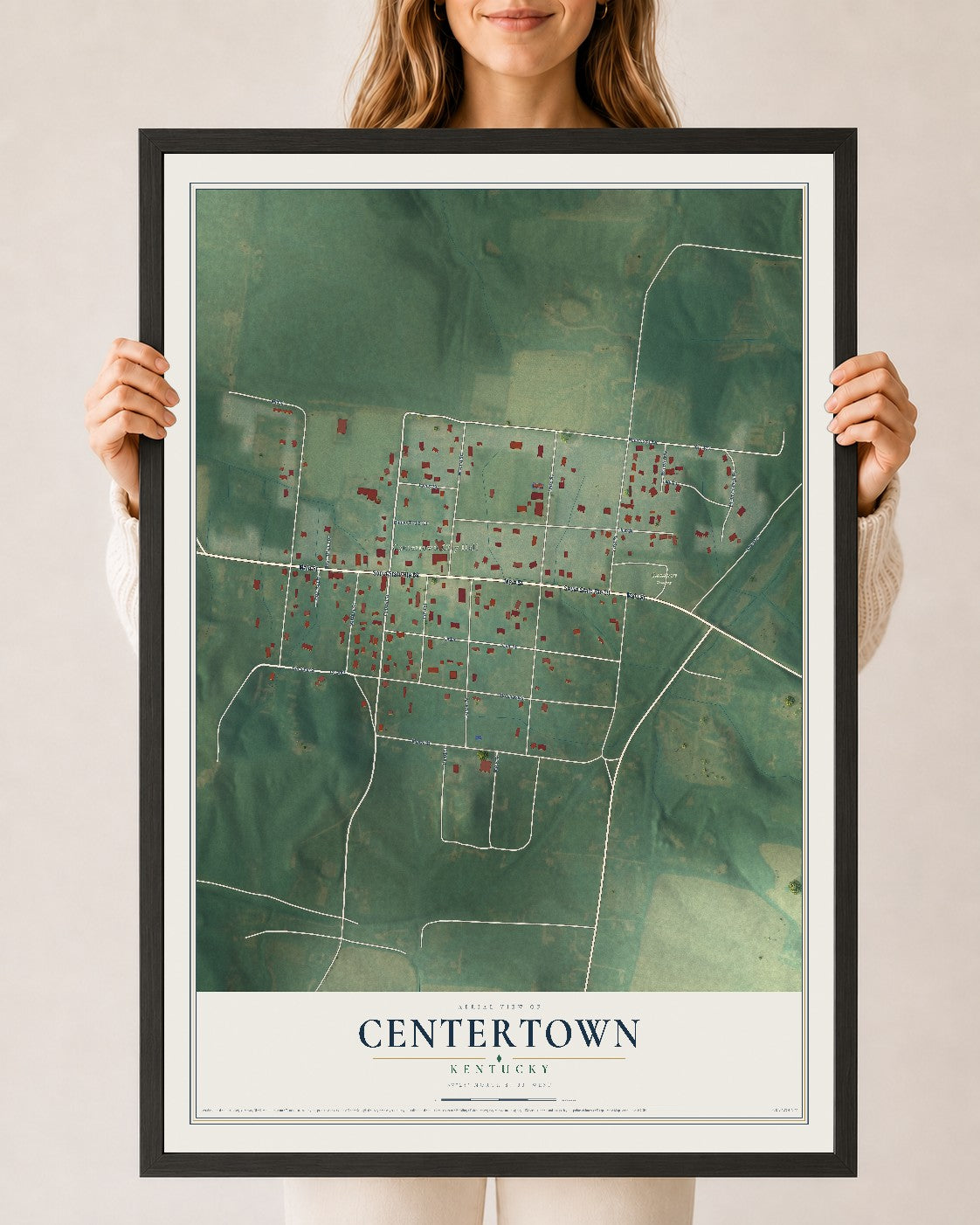 Map of Centertown, Kentucky, 24 x 36 inch print in a black wood frame