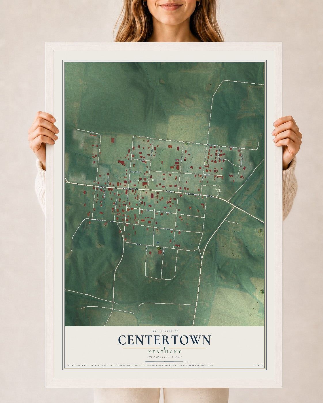 Map of Centertown, Kentucky, 24 x 36 inch print in a white wood frame