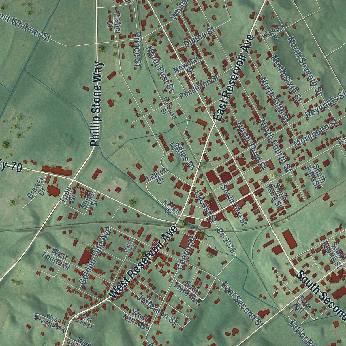 Close-up of the map of Central City, Kentucky print showing street and building detail