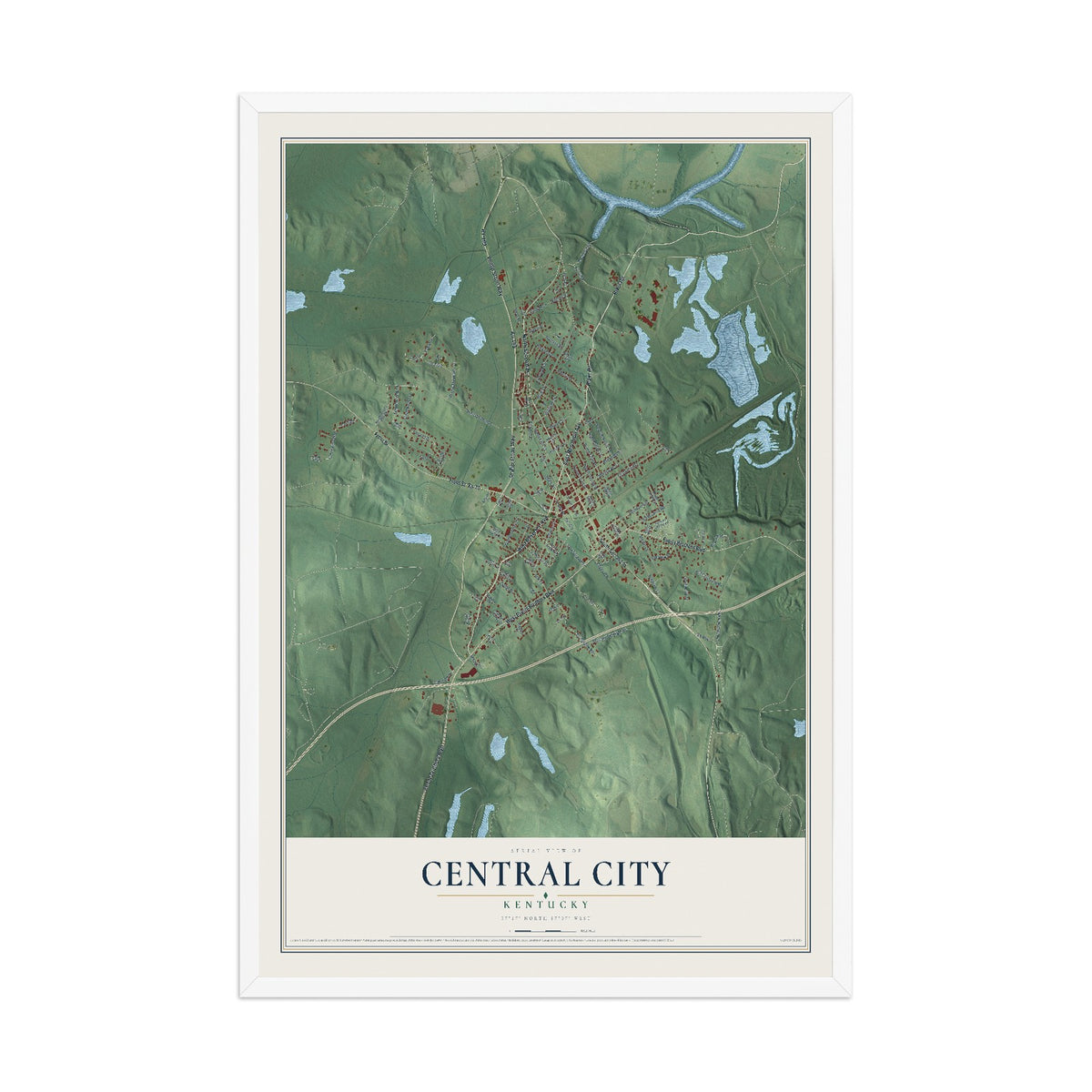 Map of Central City, Kentucky, 12 x 18 inch print in a white wood frame