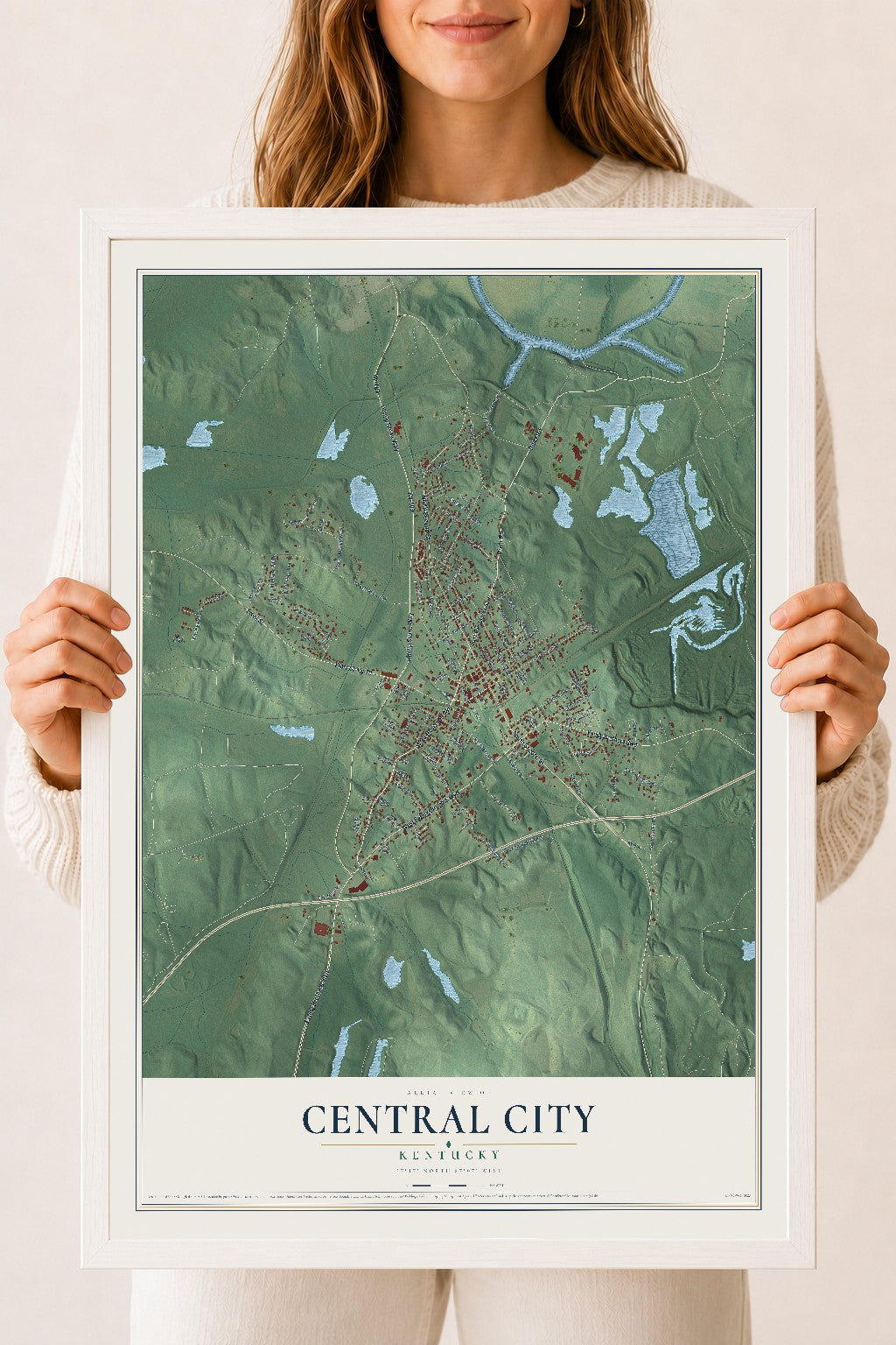 Map of Central City, Kentucky, 18 x 24 inch print in a white wood frame