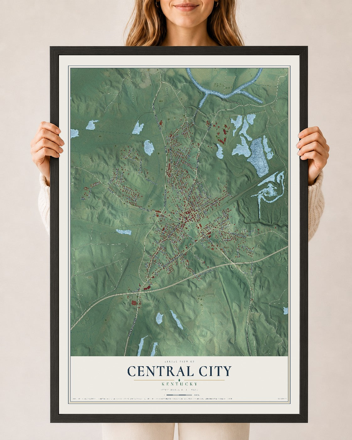 Map of Central City, Kentucky, 24 x 36 inch print in a black wood frame