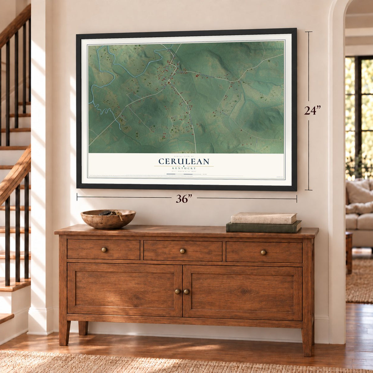 Cerulean, Kentucky map, 24 x 36 inch print in a black frame above a dresser by a staircase