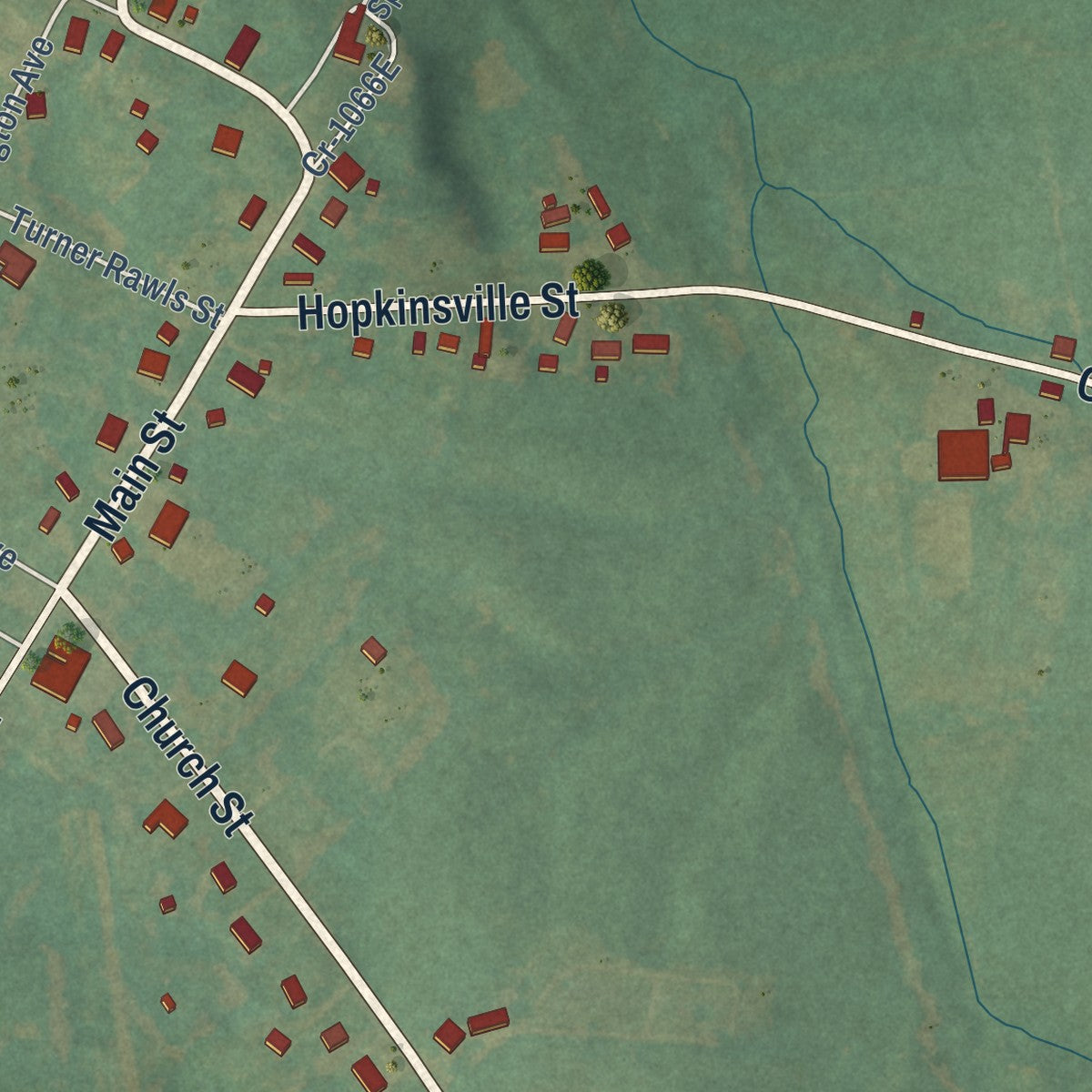 Close-up of the map of Cerulean, Kentucky print showing street and building detail