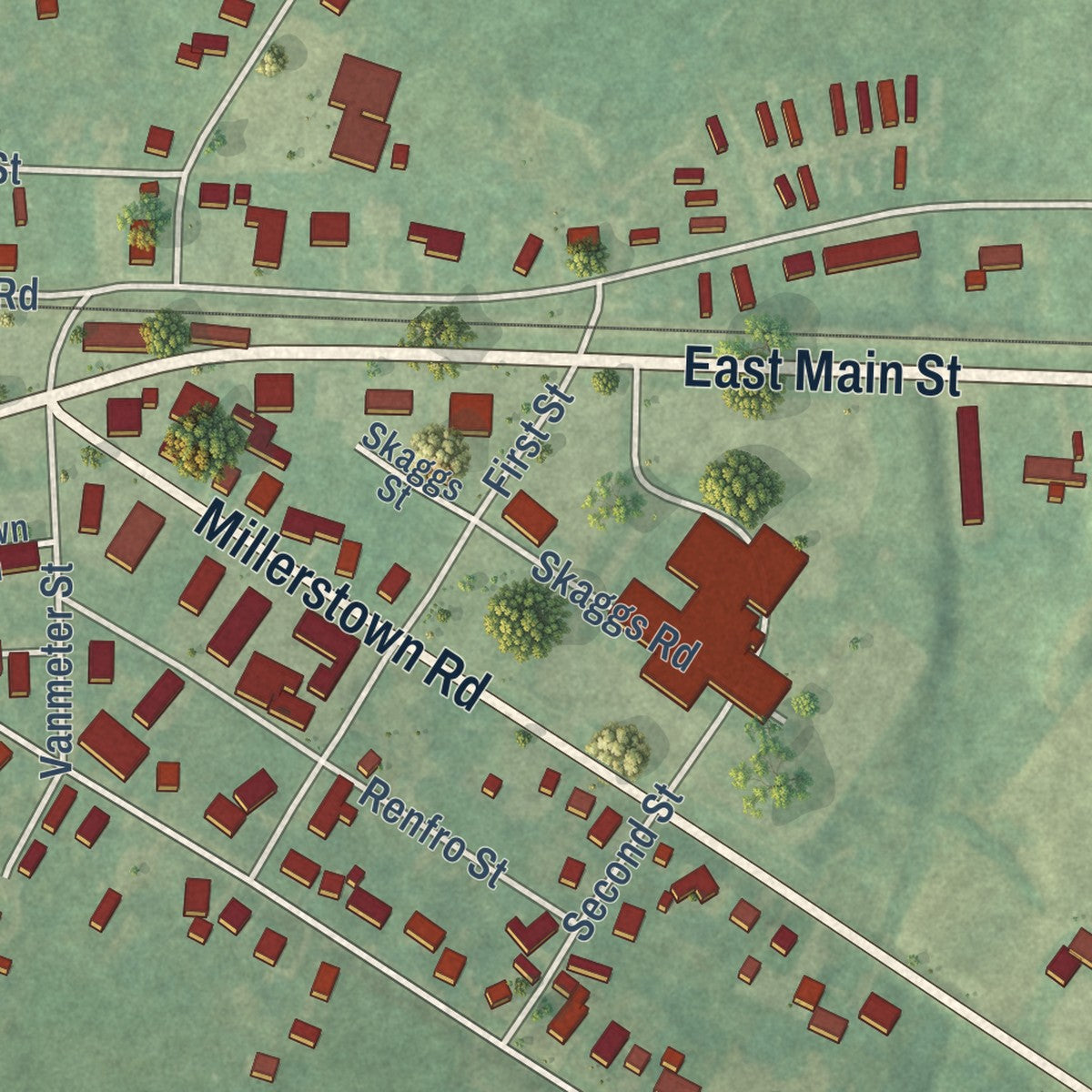 Close-up of the map of Clarkson, Kentucky print showing street and building detail