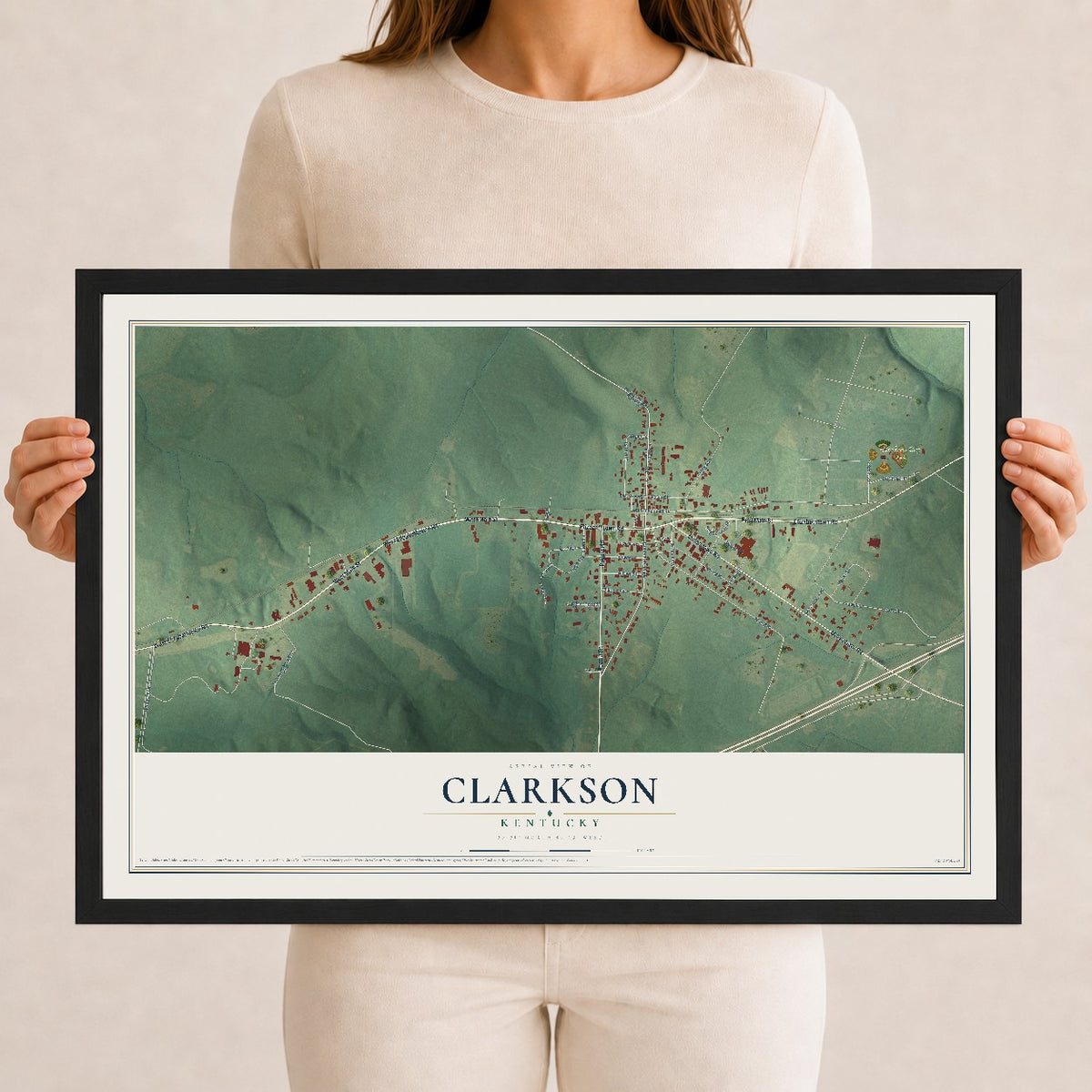 Map of Clarkson, Kentucky, 12 x 18 inch print in a black wood frame