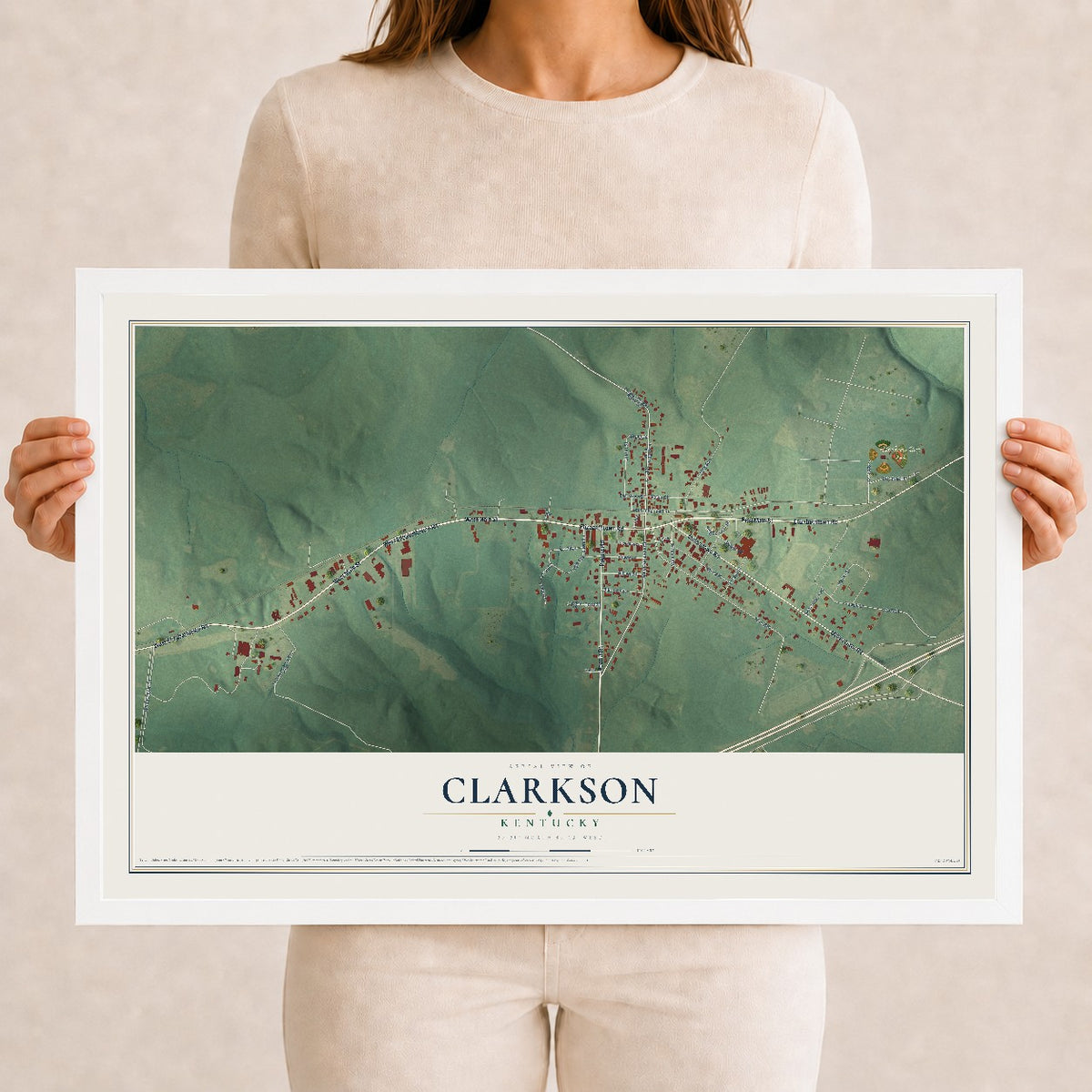 Map of Clarkson, Kentucky, 12 x 18 inch print in a white wood frame