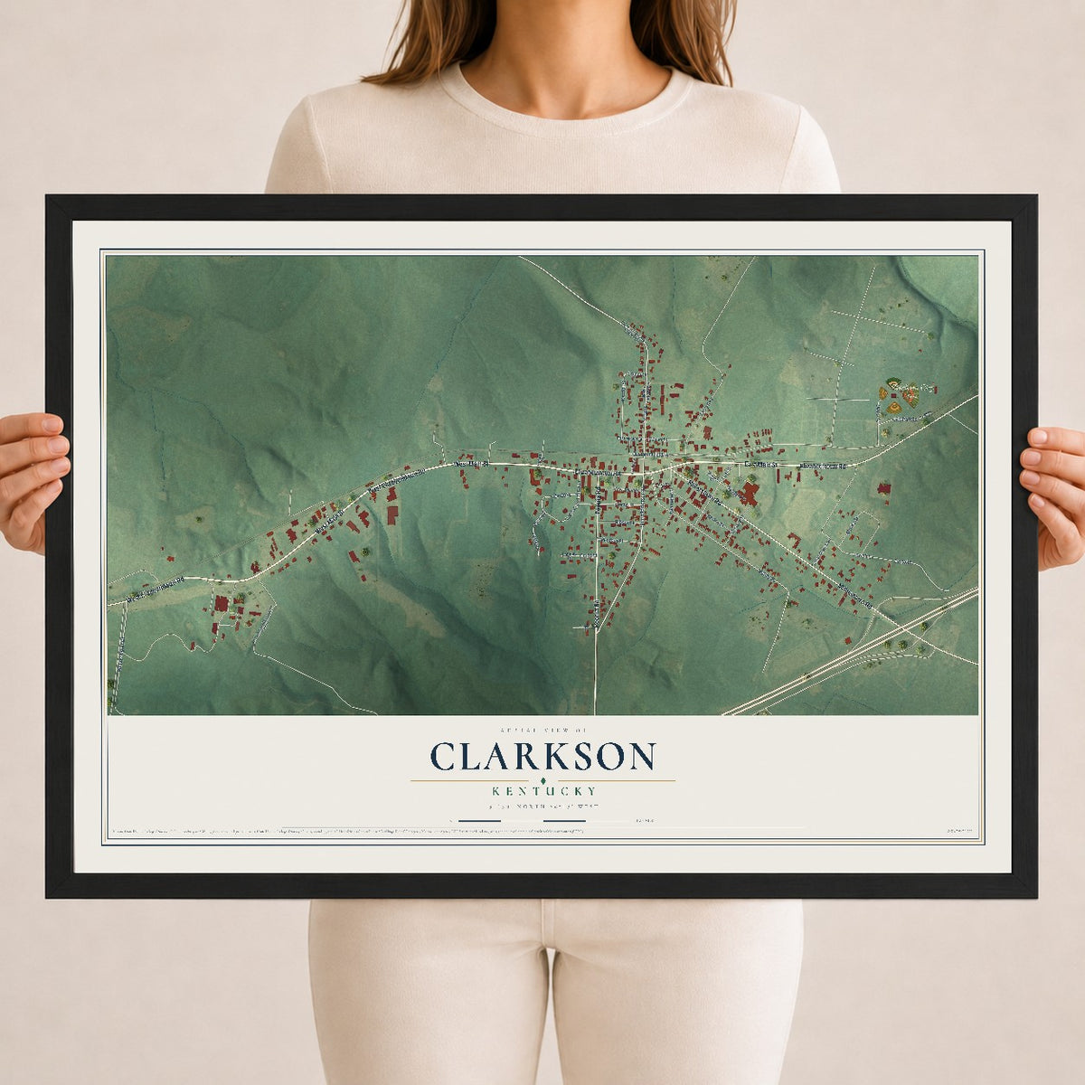 Map of Clarkson, Kentucky, 18 x 24 inch print in a black wood frame