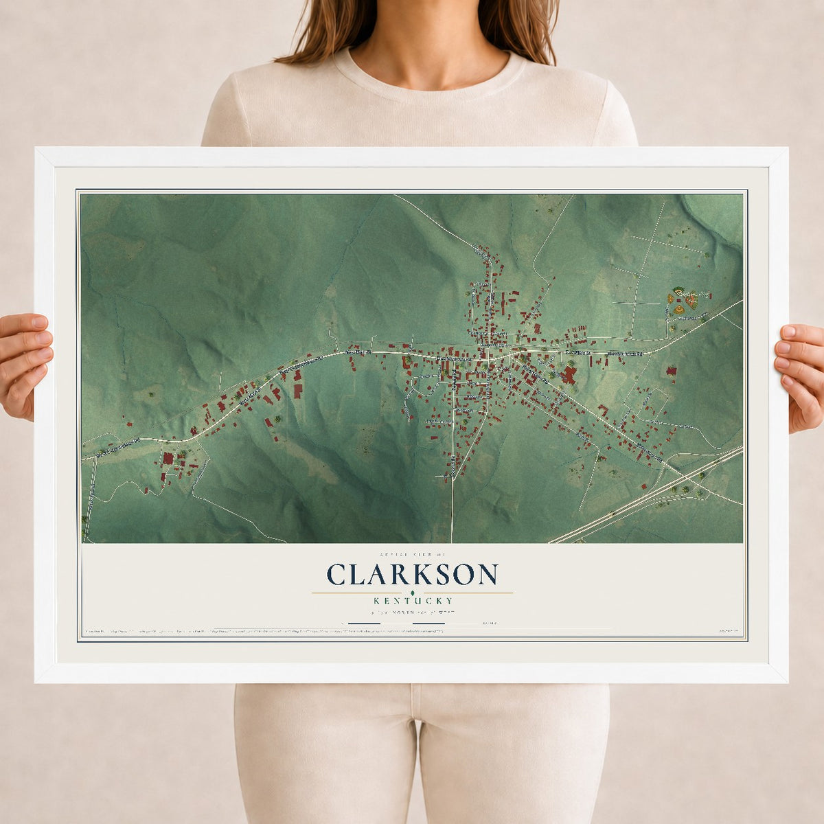 Map of Clarkson, Kentucky, 18 x 24 inch print in a white wood frame