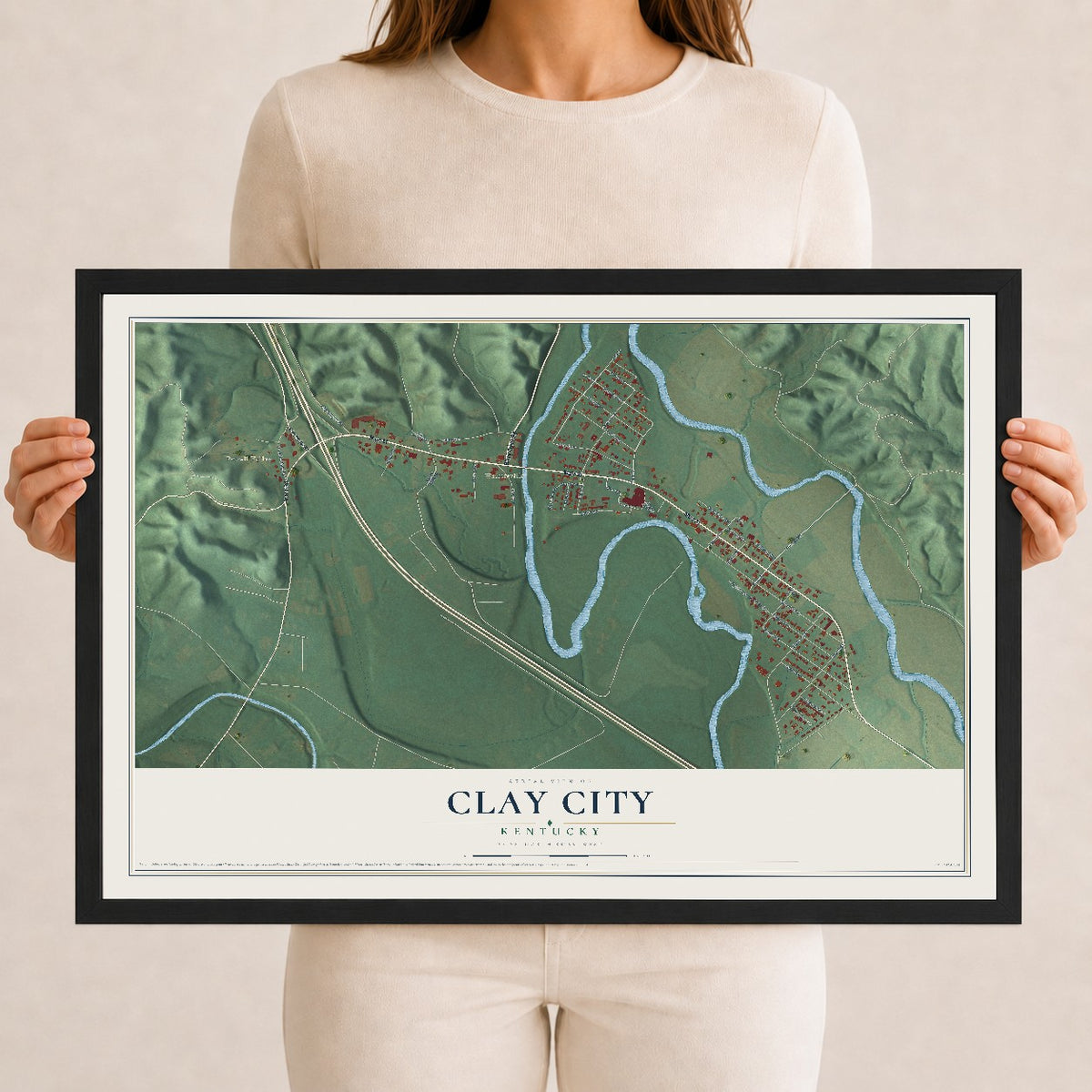 Map of Clay City, Kentucky, 12 x 18 inch print in a black wood frame