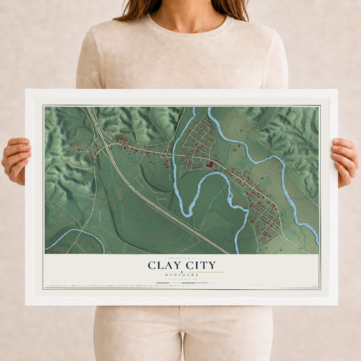Map of Clay City, Kentucky, 12 x 18 inch print in a white wood frame