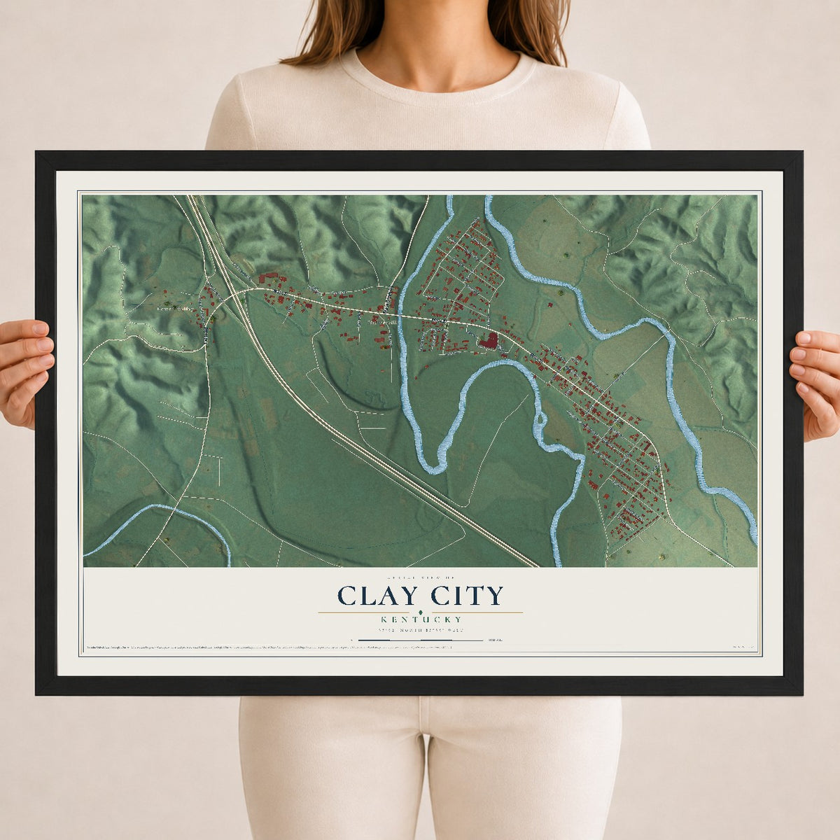 Map of Clay City, Kentucky, 18 x 24 inch print in a black wood frame