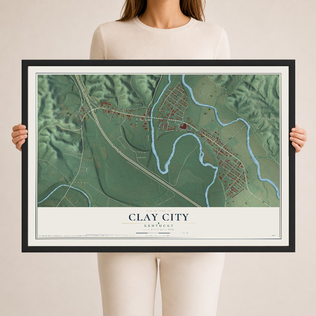 Map of Clay City, Kentucky, 24 x 36 inch print in a black wood frame