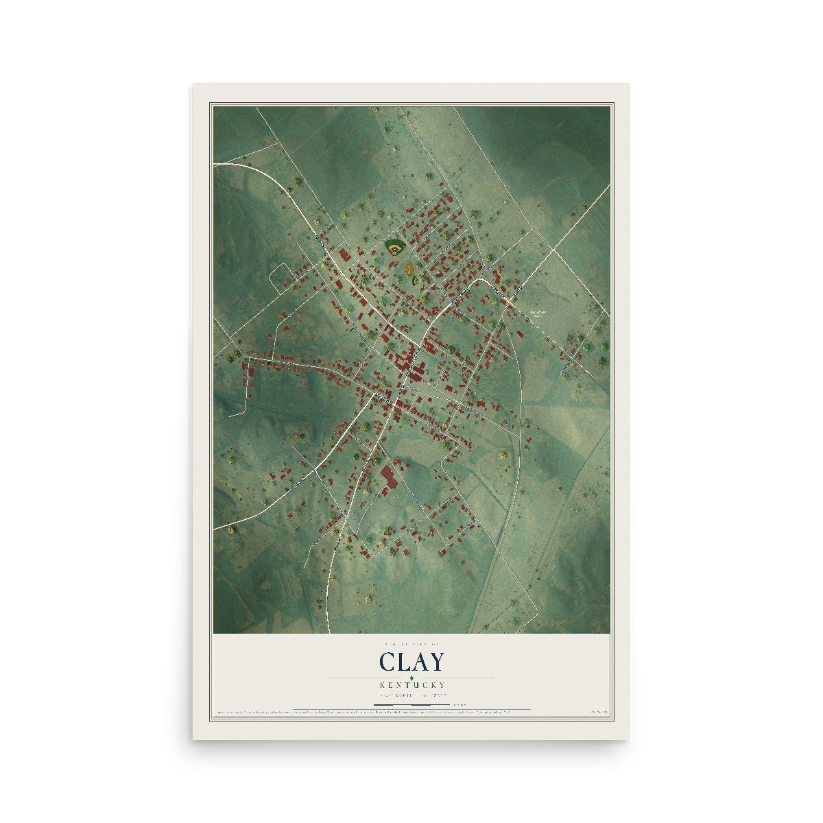 Map of Clay, Kentucky, 12 x 18 inch unframed archival matte print