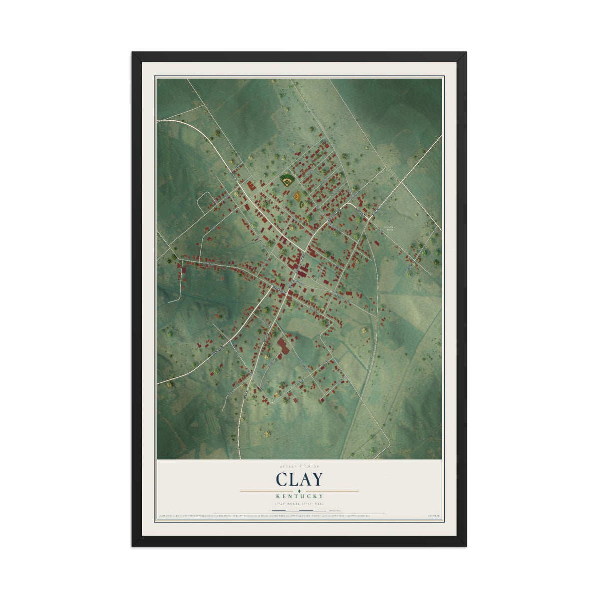 Map of Clay, Kentucky, 12 x 18 inch print in a black wood frame