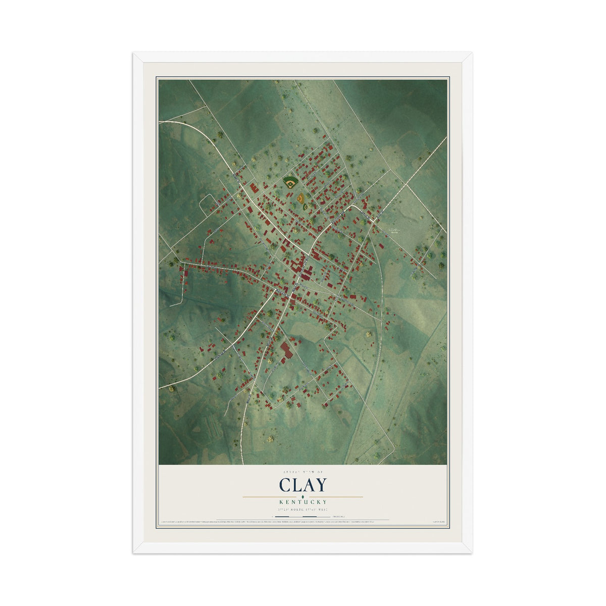Map of Clay, Kentucky, 12 x 18 inch print in a white wood frame