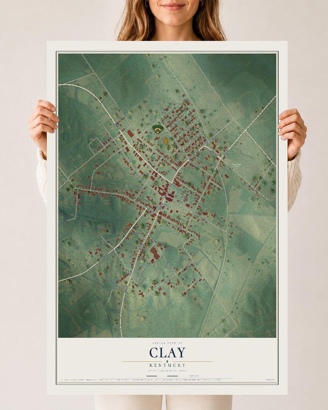 Map of Clay, Kentucky, 24 x 36 inch unframed archival matte print