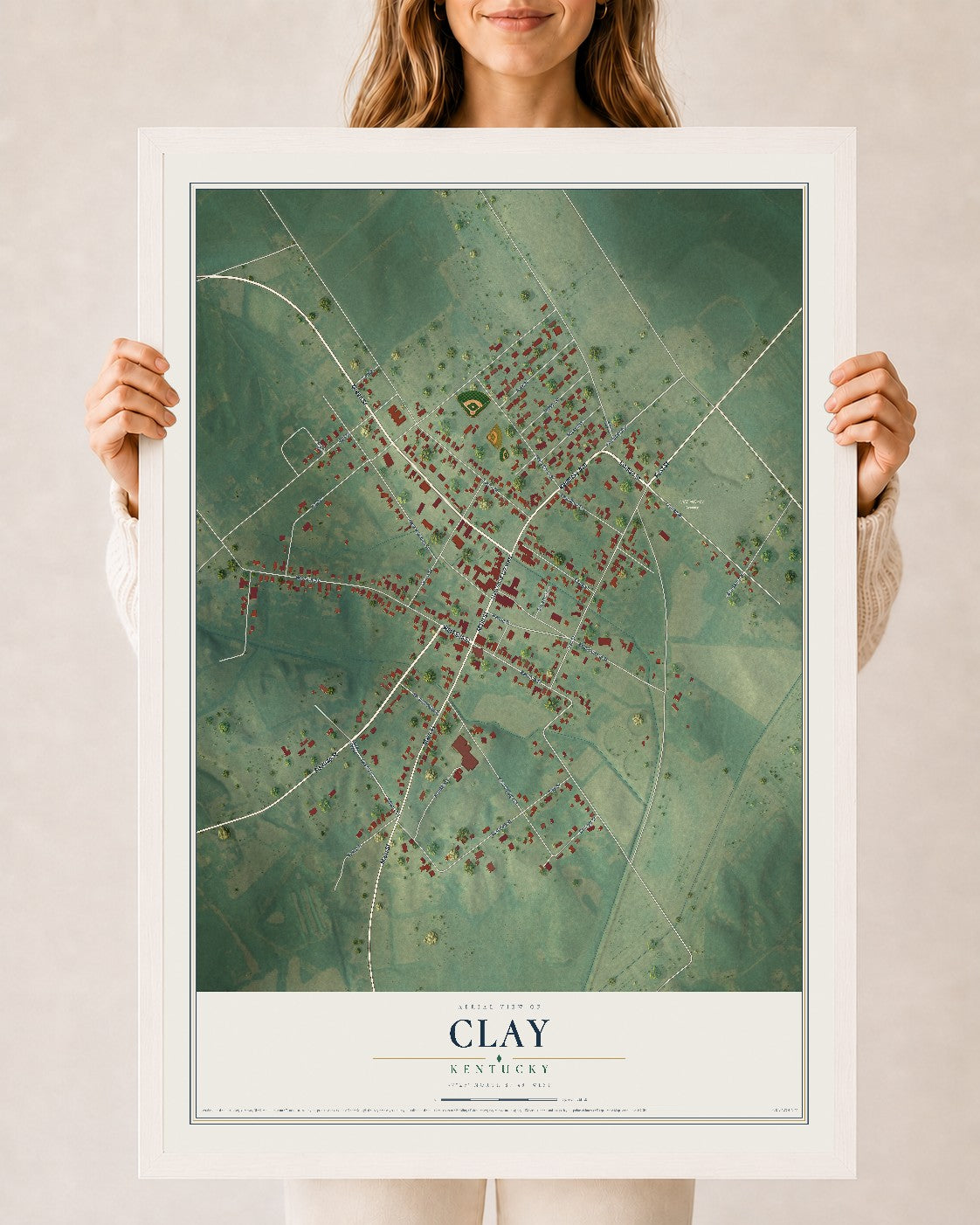 Map of Clay, Kentucky, 24 x 36 inch print in a white wood frame