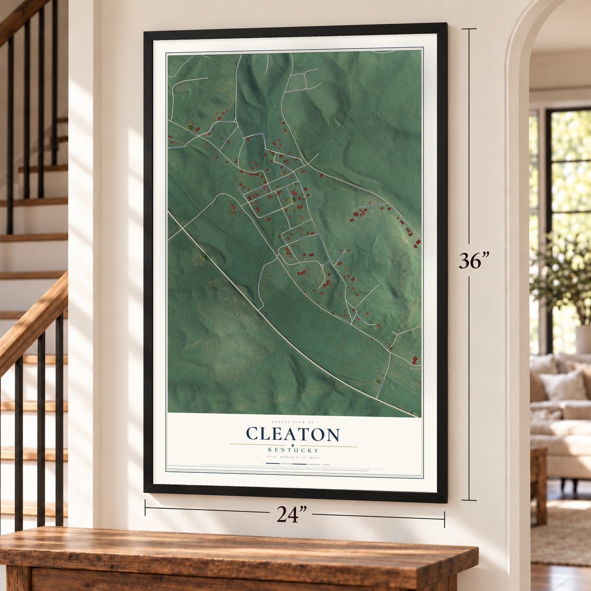 Cleaton, Kentucky map, 24 x 36 inch print in a black frame by a staircase