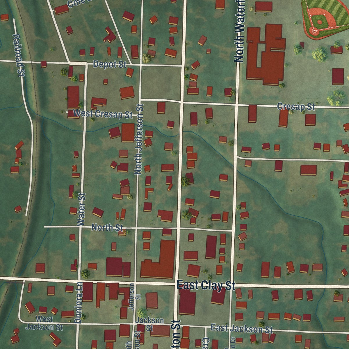 Close-up of the map of Clinton, Kentucky print showing street and building detail