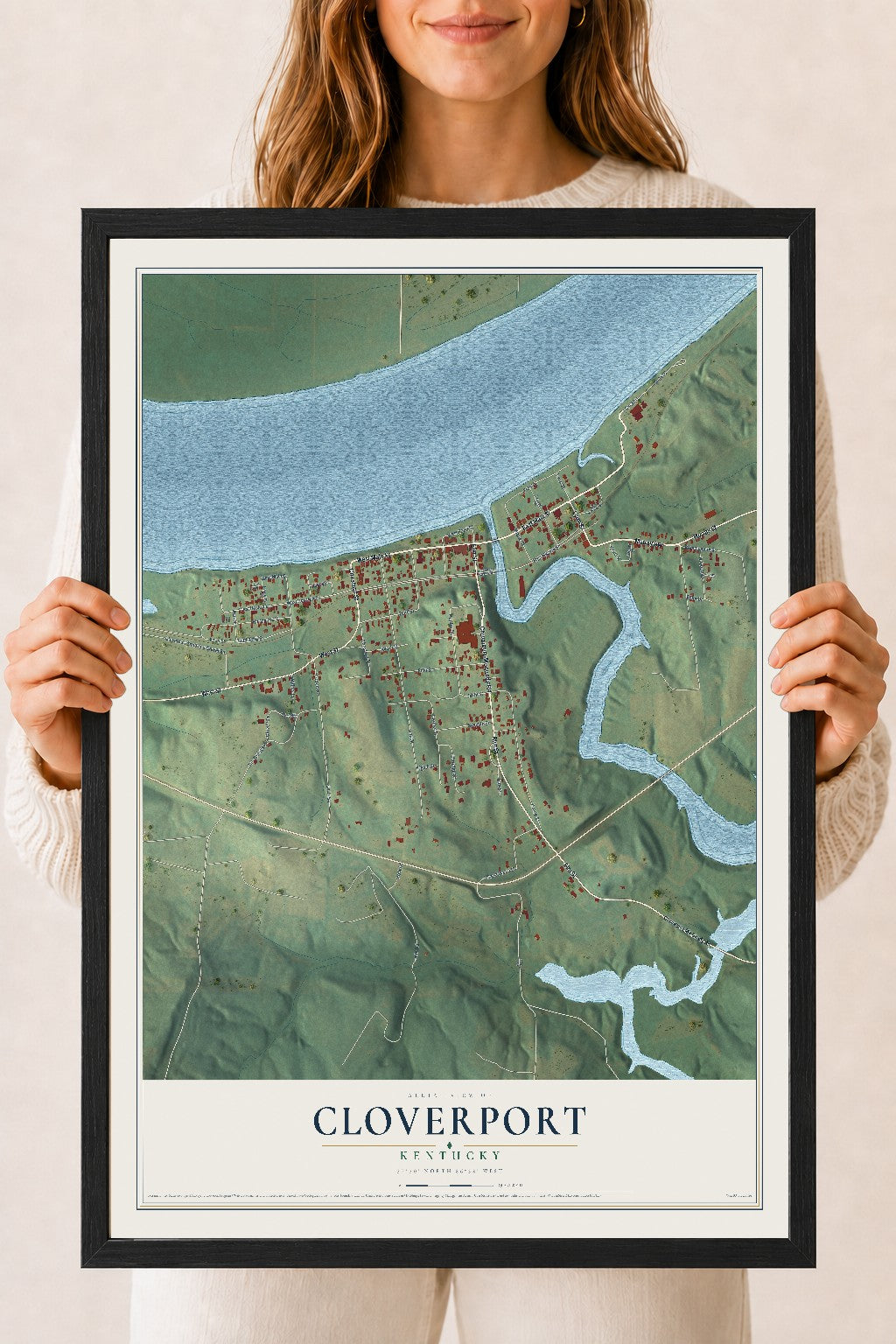 Map of Cloverport, Kentucky, 18 x 24 inch print in a black wood frame