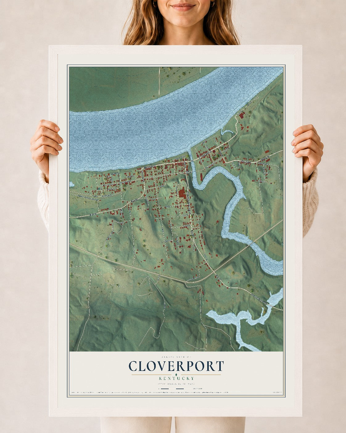 Map of Cloverport, Kentucky, 24 x 36 inch print in a white wood frame